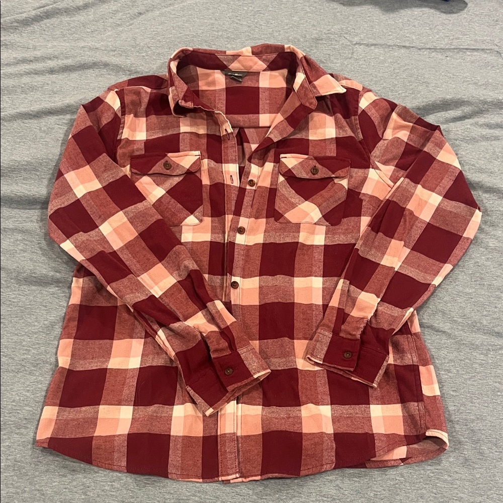 Eddie Bauer Burgundy and Pink Plaid Shirt